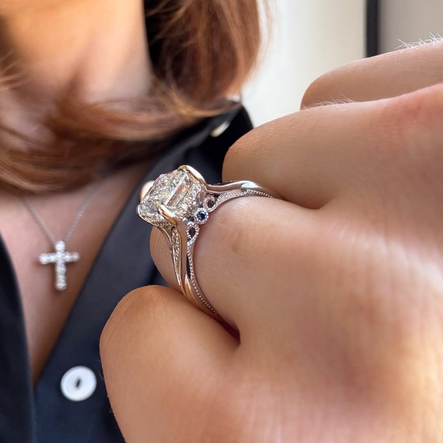emerald cut lab grown engagement ring split shank hidden halo ring  wedding ring anniversary ring for women gift for her