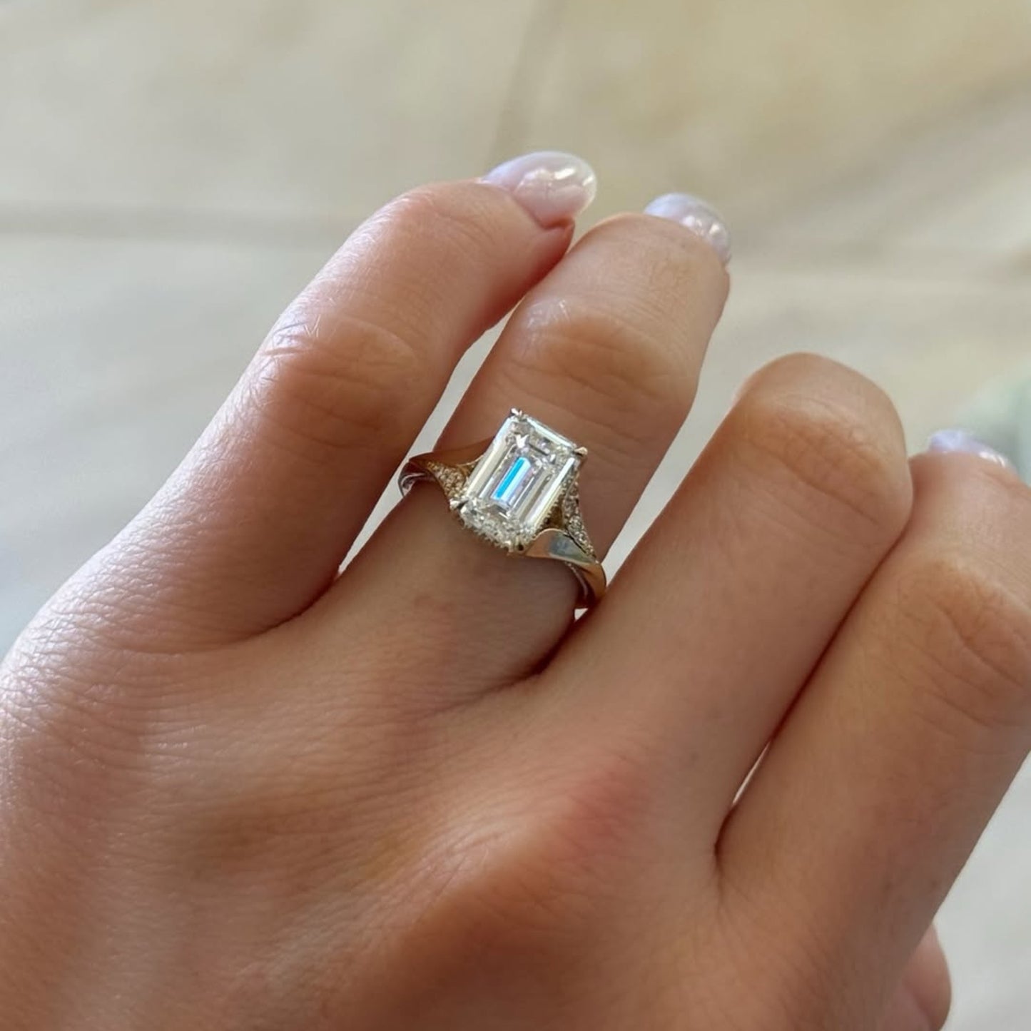 emerald cut lab grown engagement ring split shank hidden halo ring  wedding ring anniversary ring for women gift for her