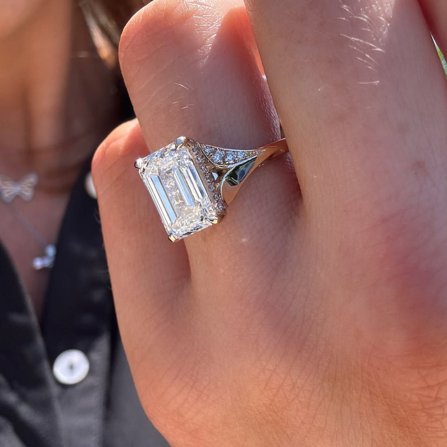 emerald cut lab grown engagement ring split shank hidden halo ring  wedding ring anniversary ring for women gift for her
