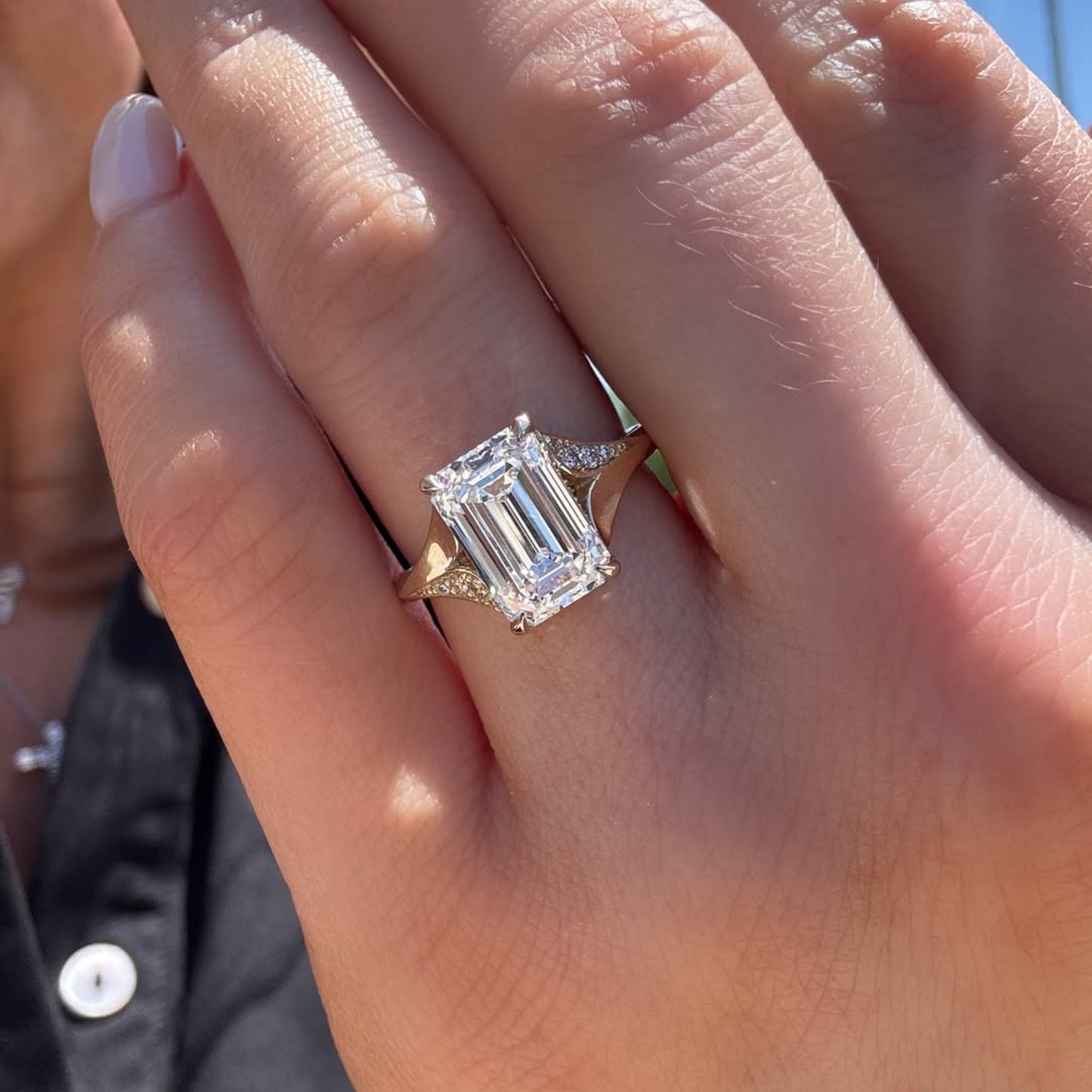emerald cut lab grown engagement ring split shank hidden halo ring  wedding ring anniversary ring for women gift for her