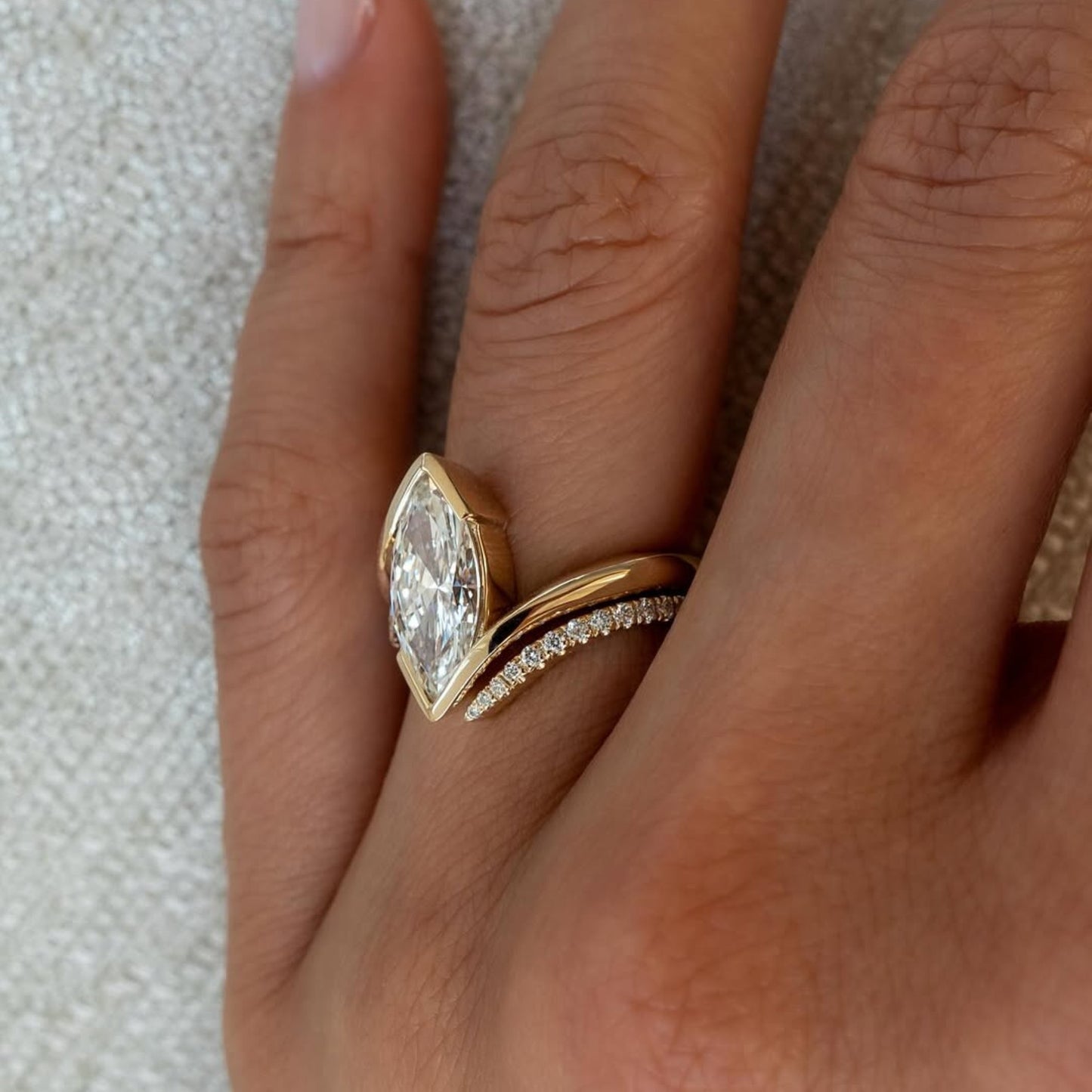 half bezel set  marquise cut lab grown engagement ring set  bridal sets wedding ring set anniversary ring set for women