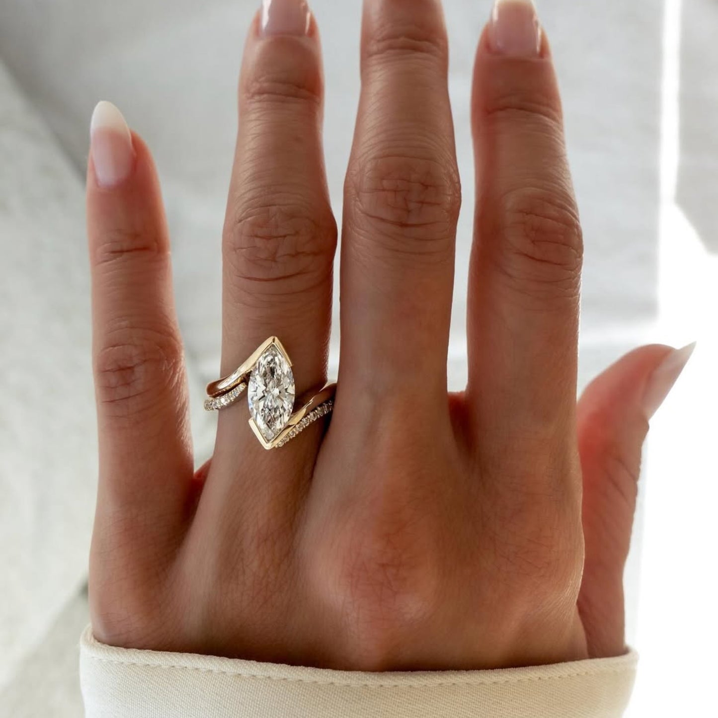 half bezel set  marquise cut lab grown engagement ring set  bridal sets wedding ring set anniversary ring set for women