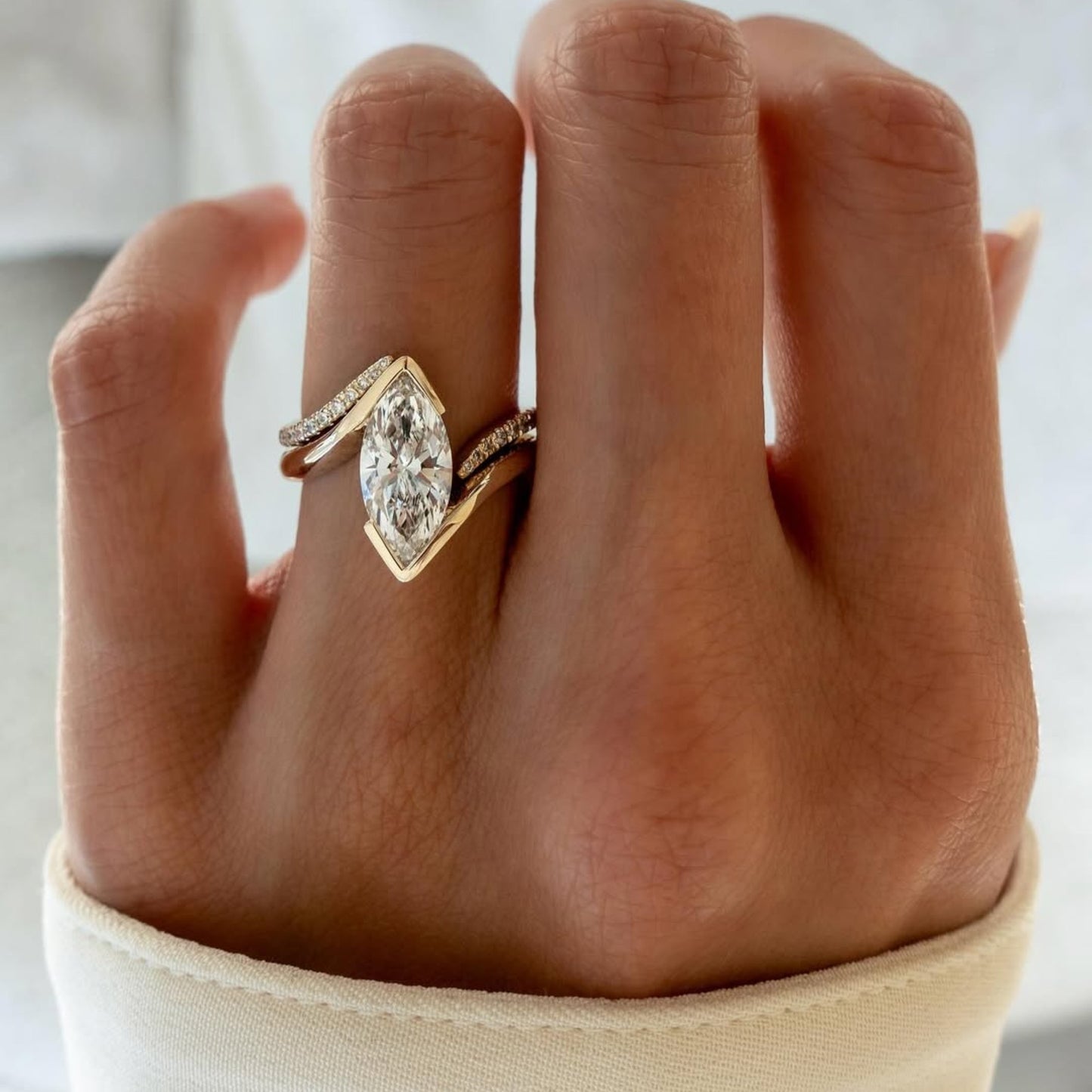 half bezel set  marquise cut lab grown engagement ring set  bridal sets wedding ring set anniversary ring set for women