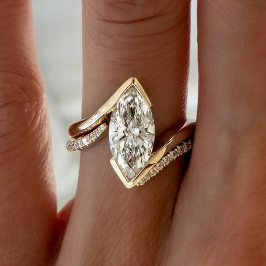 3.00 CT Half Bezel Set  Marquise Cut Lab Grown Engagement Ring Set  Bridal Sets Wedding Ring Set Anniversary Ring Set For Women