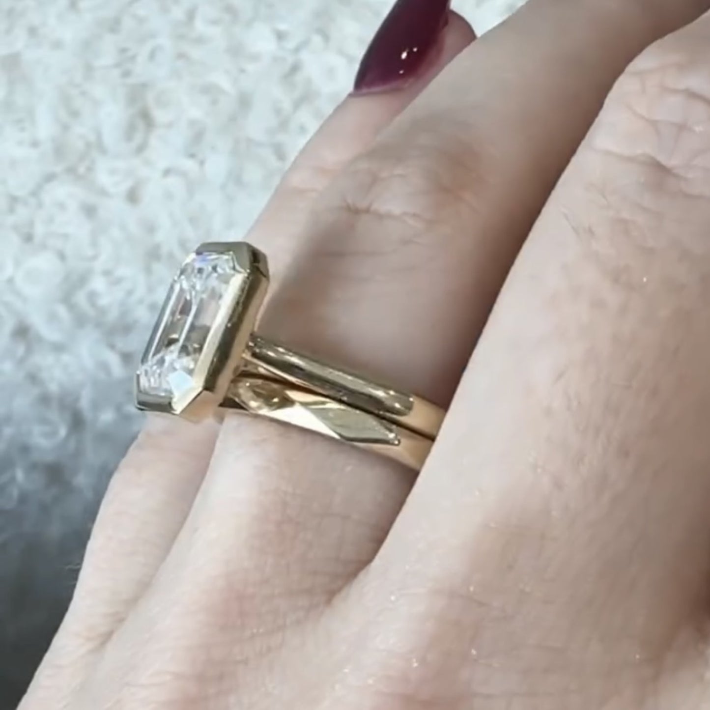 bezel set emerald cut moissanite engagement ring set gold bridal set solitaire ring with matching band wedding ring set for women