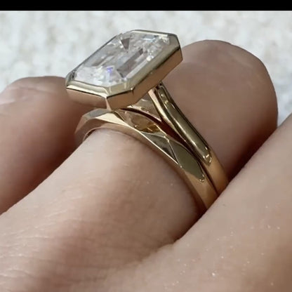 Bezel Set Emerald Cut Moissanite Engagement Ring Set Gold Bridal Set Solitaire Ring With Matching Band Wedding Ring Set For Women
