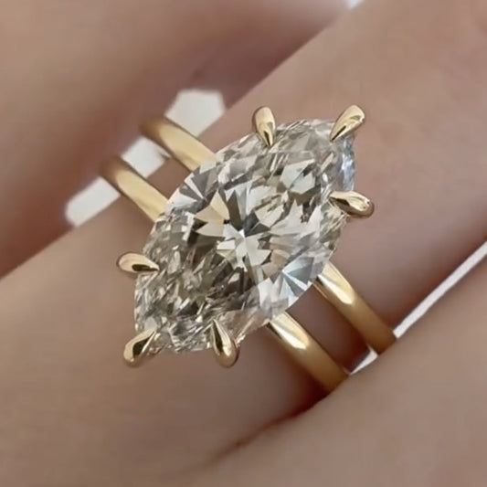 Double Band Marquise Cut Moissanite Engagement Ring Hidden Halo Solid Gold Wedding Ring Solitaire Ring Anniversary Rings For Women