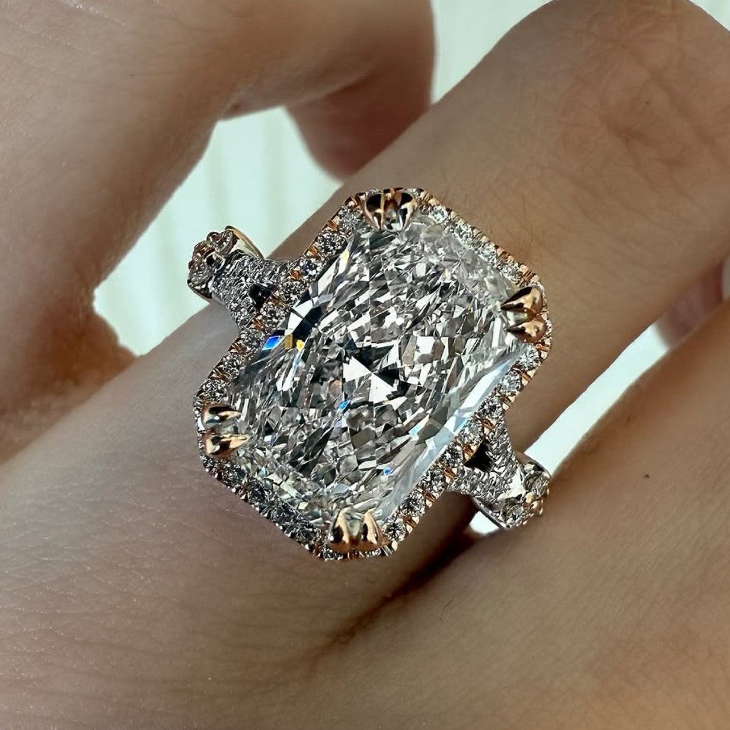halo set radiant lab grown engagement ring double claw prong split shank ring art deco wedding ring anniversary ring for women