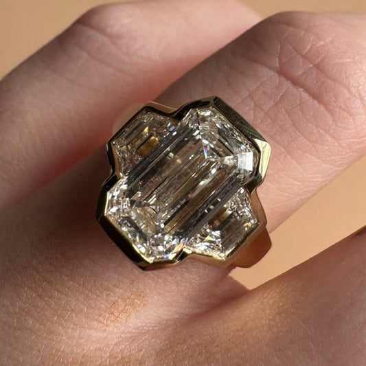 Bezel Set Emerald Cut Engagement Ring Three Stone Emerald Lab Grown Ring Wedding Ring Past Present Future Anniversary Ring