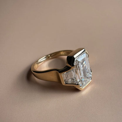 Bezel Set Emerald Cut Engagement Ring Three Stone Emerald Moissanite Ring Wedding Ring Past Present Future Anniversary Ring