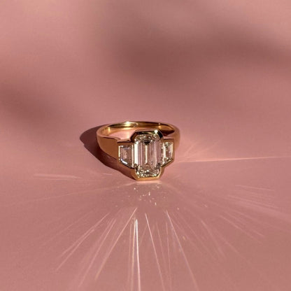 Bezel Set Emerald Cut Engagement Ring Three Stone Emerald Moissanite Ring Wedding Ring Past Present Future Anniversary Ring