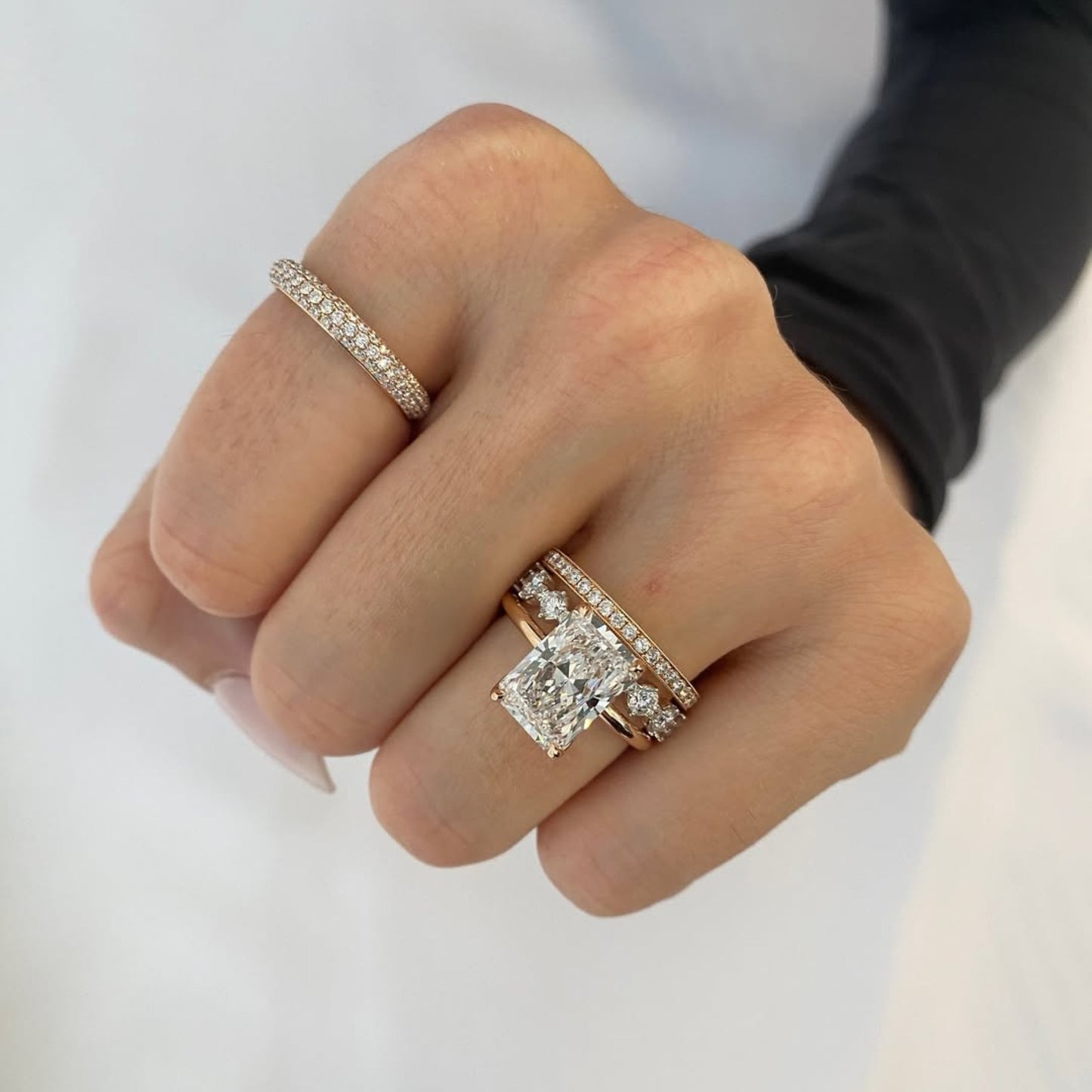 radiant cut lab grown engagement ring set solitaire ring with two matching band set bridal set wedding set anniversary set.