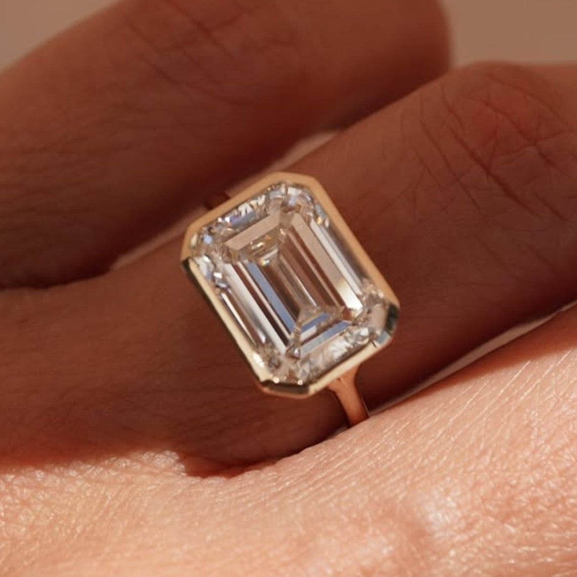 bezel set  emerald cut moissanite engagement rings emerald east west solitaire ring  wedding ring anniversary ring for her