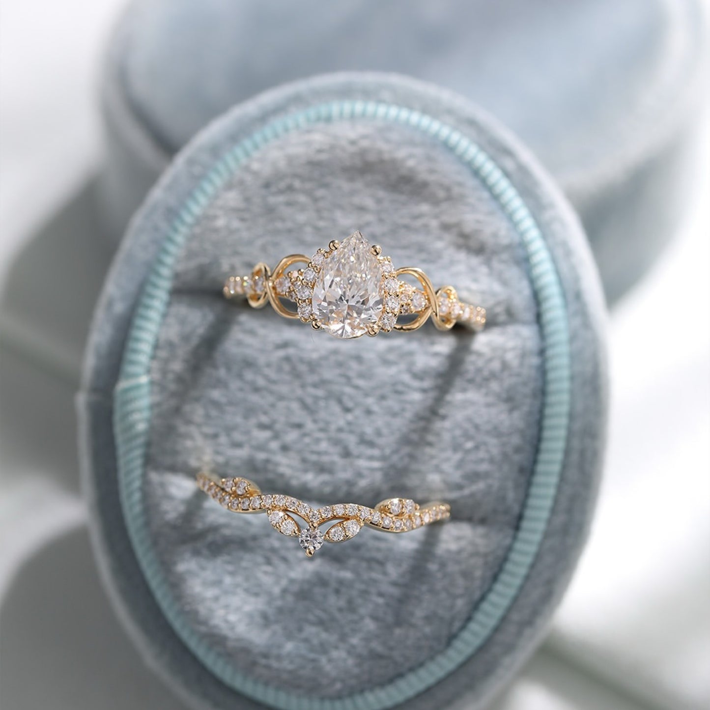 pear cut lab grown engagement ring set solid gold bridal set