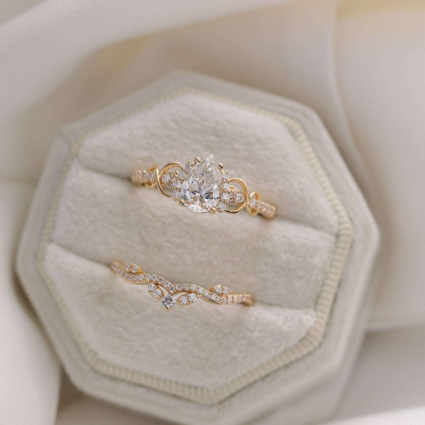pear cut lab grown engagement ring set solid gold bridal set