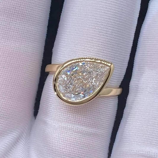 Bezel Set Pear Moissanite Engagement Ring East West Wedding Ring
