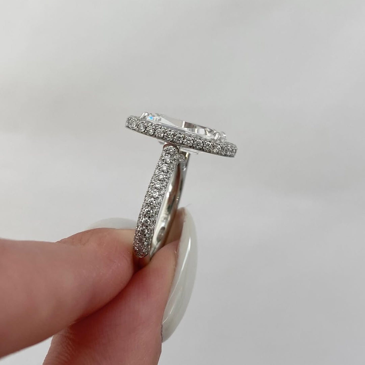 old mine elongated cushion moissanite engagement ring halo set wedding ring