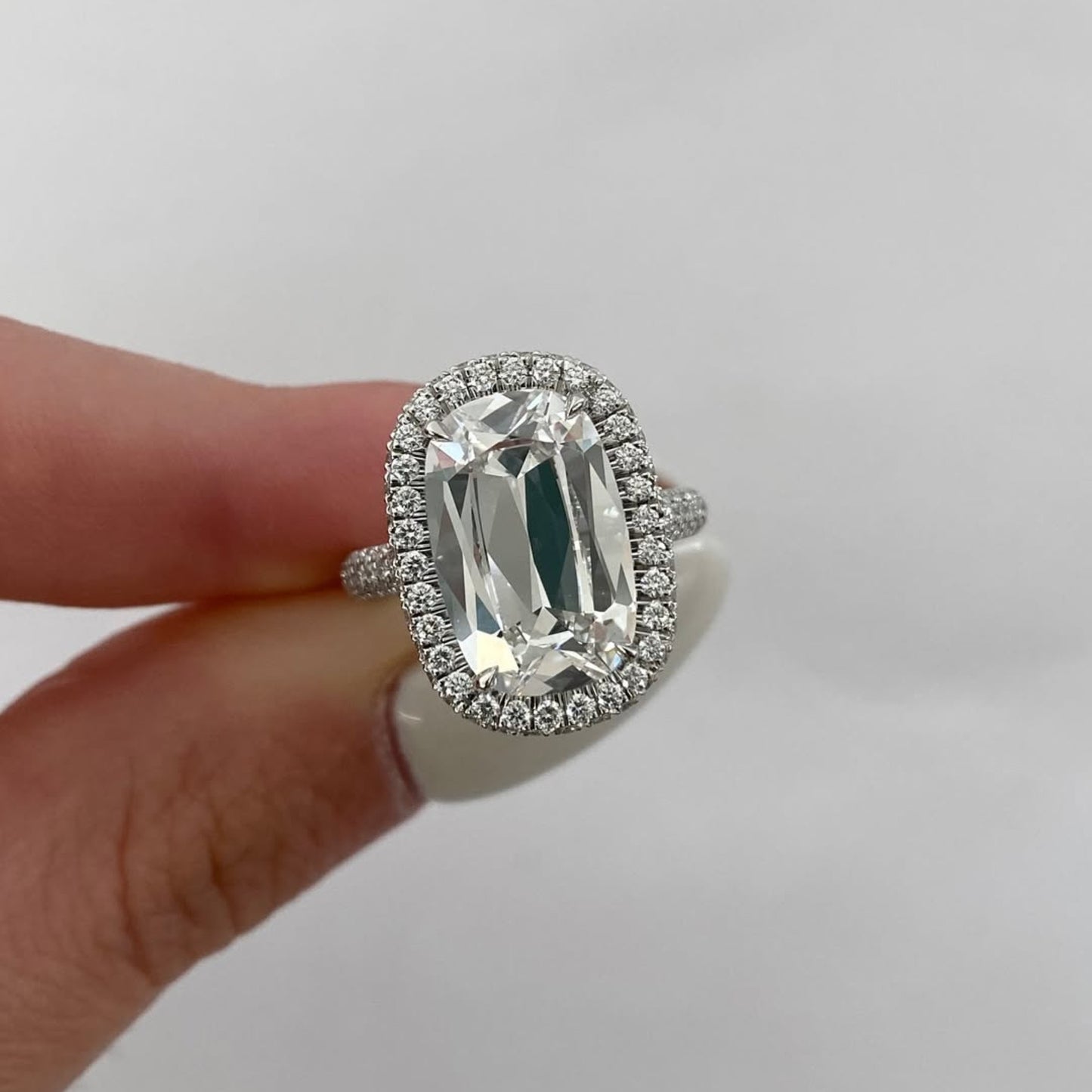 old mine elongated cushion lab grown engagement ring halo set wedding ring