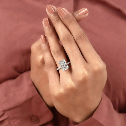 Radiant Cut Hidden Halo Lab Grown Diamonds Engagement Ring with Pavé Band – Luxurious Brilliance for Your Forever