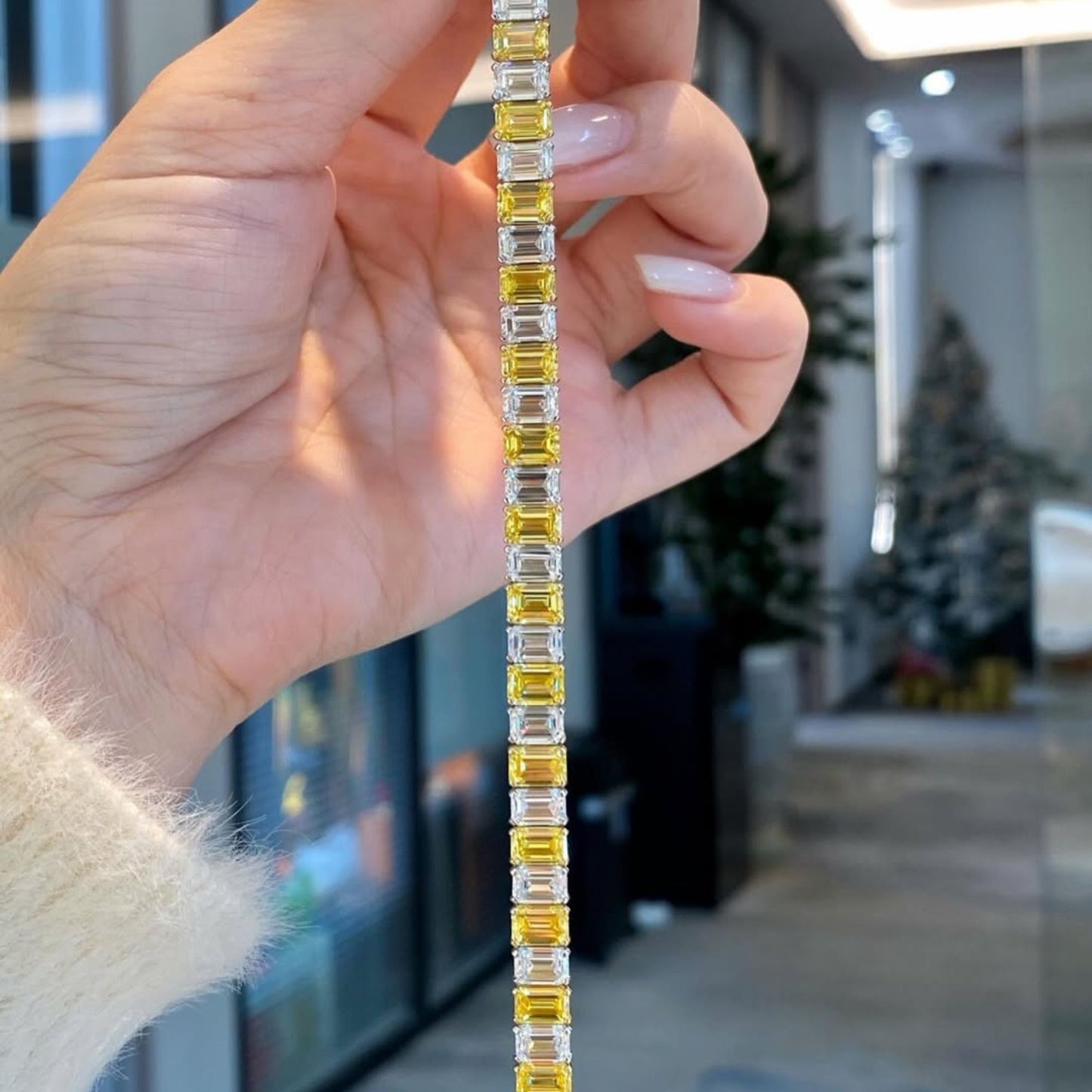 7.00 tcw yellow & white emerald cut lab grown diamond tennis bracelet in gold pastel sapphire style statement bracelet (copy)