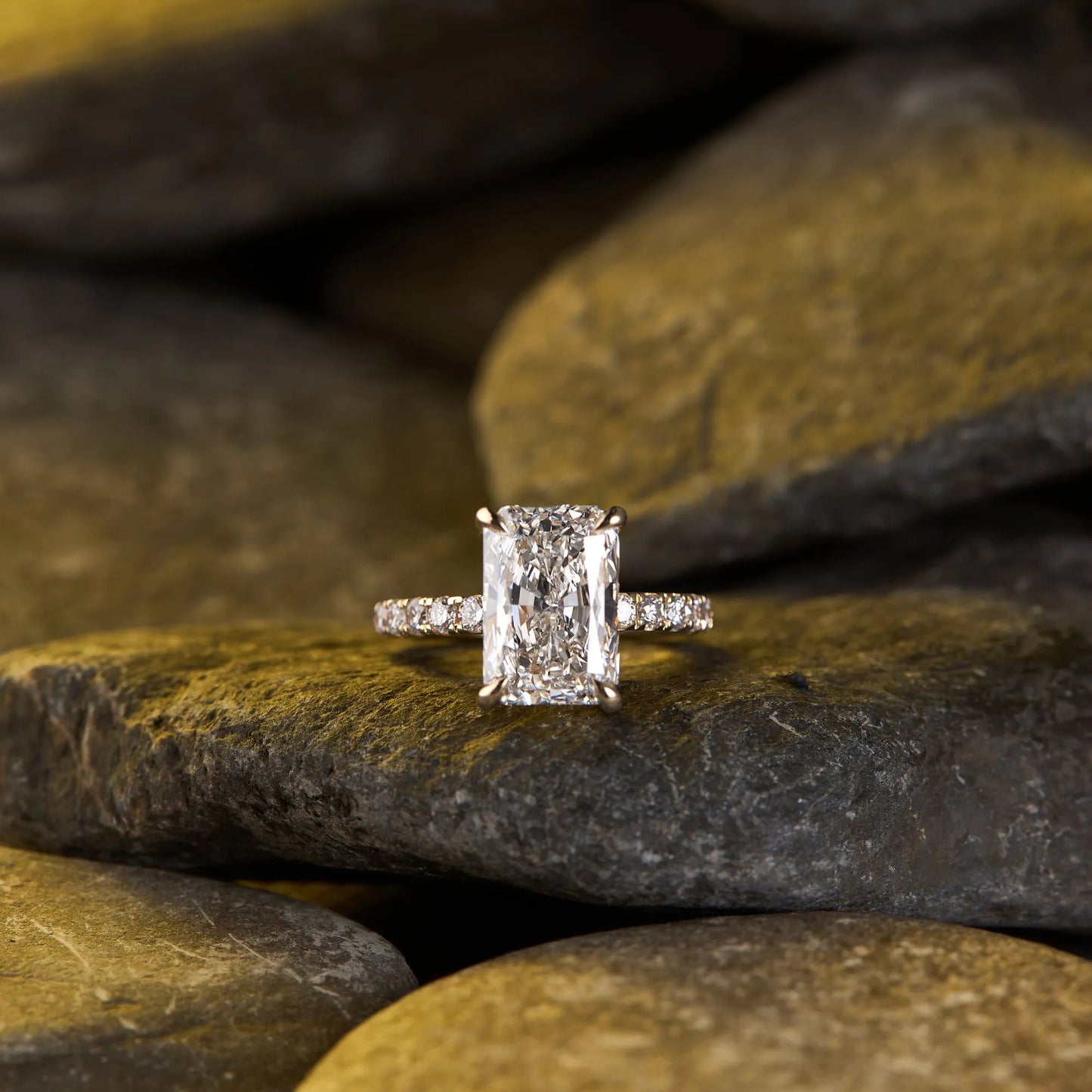 radiant cut solitaire lab grown diamond engagement ring with pavé diamond band