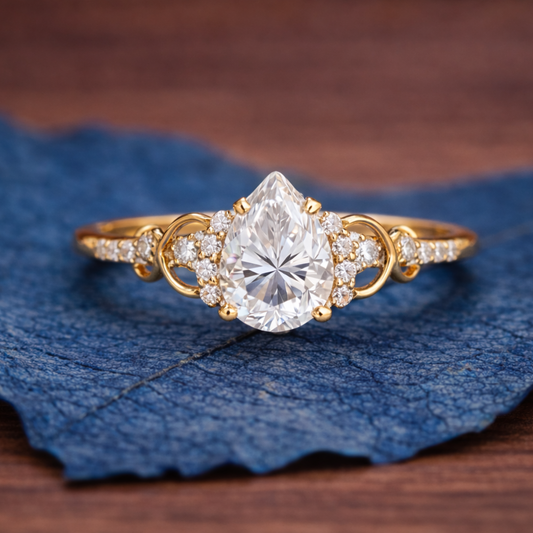 Art Deco Pear Moissanite Engagement Ring  Gold Vintage Cluster Ring Wedding Ring For Women Nature Inspired Anniversary Ring