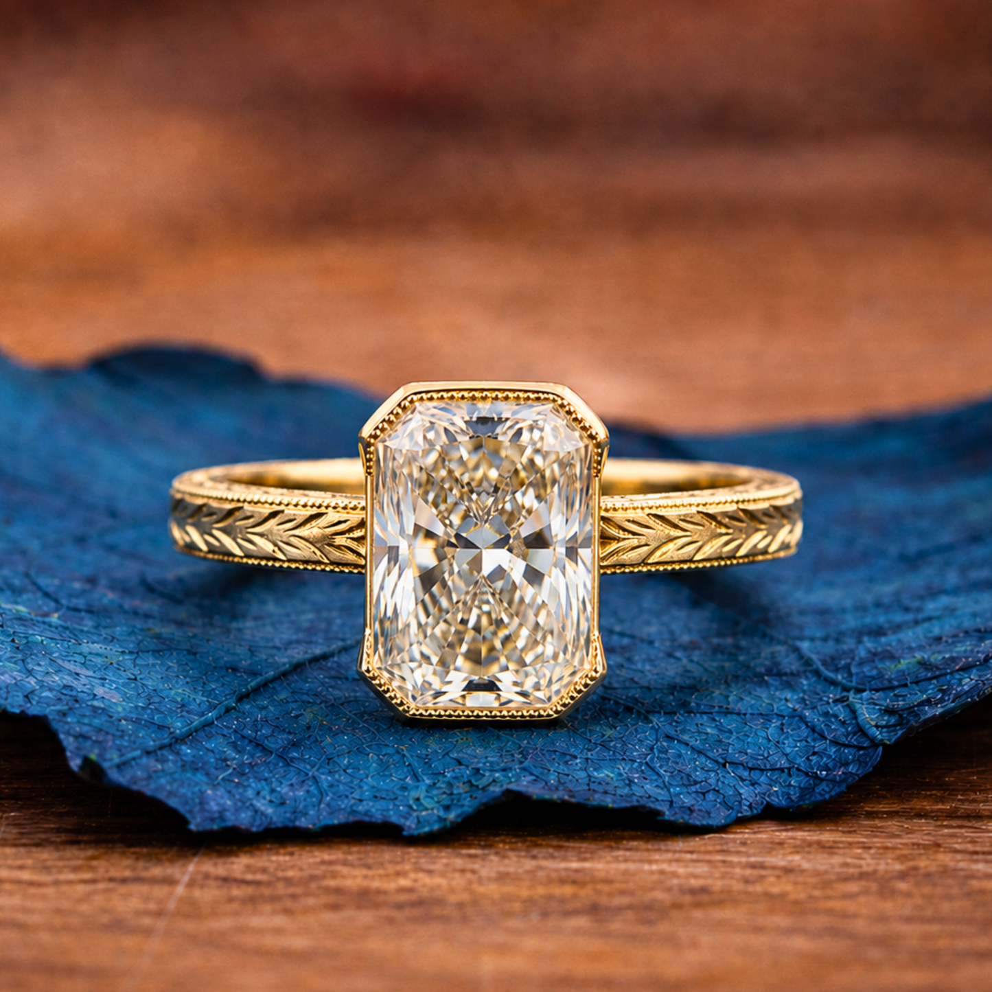 radiant half bezel set lab grown engagement ring vintage inspired gold wedding ring