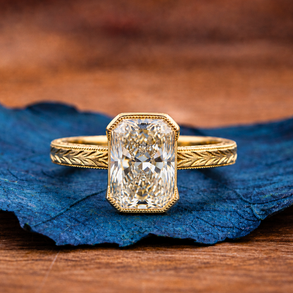 Radiant Half Bezel Set Lab Grown Engagement Ring Vintage Inspired Gold Wedding Ring