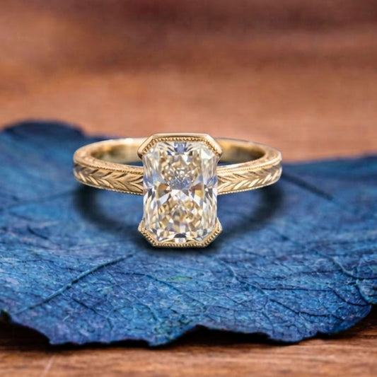Radiant Half Bezel Set Moissanite Engagement Ring Vintage Inspired Gold Wedding Ring