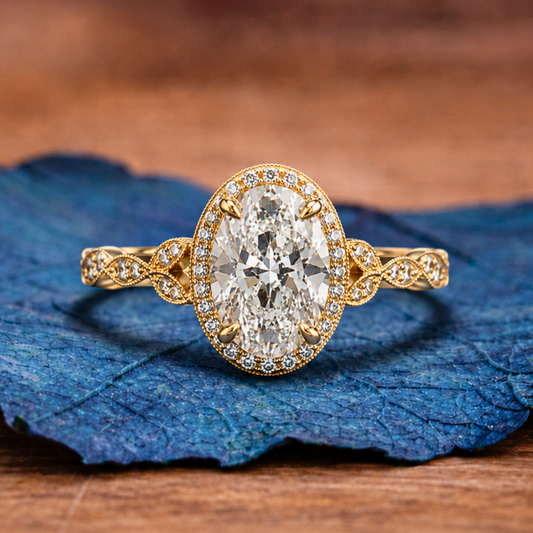 Oval Cut Lab Grown Diamond Ring Halo Set Twisted Band Ring
