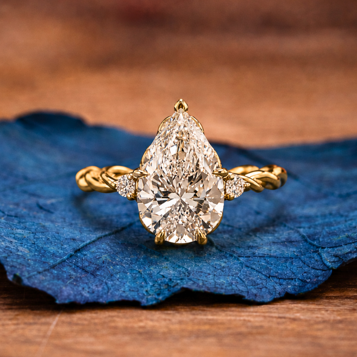 pear cut lab grown diamond ring three stone tulip set twisted band ring