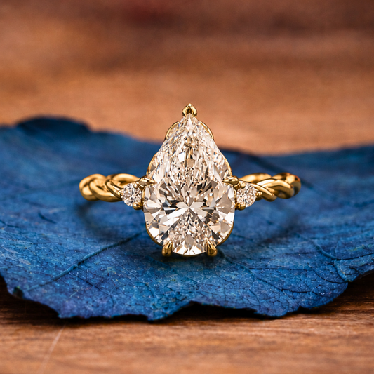 Pear Cut Lab Grown Diamond Ring Three Stone Tulip Set Twisted Band Ring