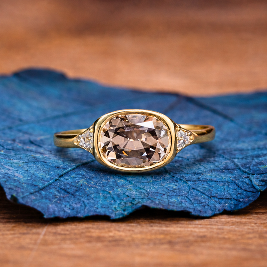 Brown Elongated Cushion Cut Old Mine Lab Grown Ring East West Bezel Set Cushion Engagement Ring Gold Wedding Ring Promise Ring