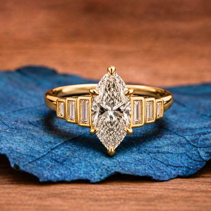 Marquise Lab Grown Engagement Ring Bezel Set Baguette Gold Wedding Ring