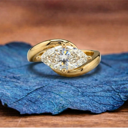 East West Marquise Cut Lab Grown Engagement Ring Solid Gold Solitaire Ring Wedding Ring Anniversary Rings For Women Promise Ring