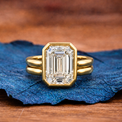 Bezel Set Emerald Cut Lab Grown Engagement Ring Set Gold Bridal Set Solitaire Ring With Matching Band Wedding Ring Set For Women