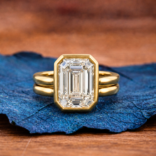 Bezel Set Emerald Cut Lab Grown Engagement Ring Set Gold Bridal Set Solitaire Ring With Matching Band Wedding Ring Set For Women