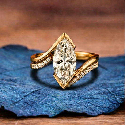 Half Bezel Set  Marquise Cut Lab Grown Engagement Ring Set  Bridal Sets Wedding Ring Set Anniversary Ring Set For Women