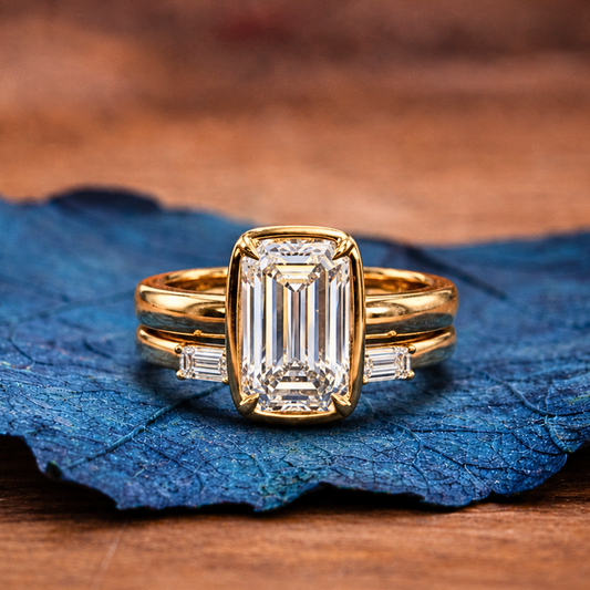 Lab Grown  Emerald Cut Engagement Ring Set Bezel Set Emerald Lab Diamond With Wedding Ring Set For Women