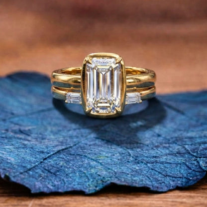 Lab Grown  Emerald Cut Engagement Ring Set Bezel Set Emerald Lab Diamond With Wedding Ring Set For Women