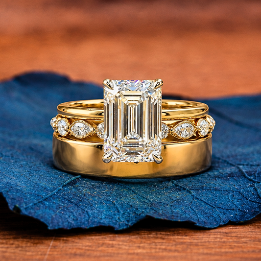 Emerald Cut Lab Grown Engagement Ring Set Radiant Bridal Set  Wedding Ring Set Anniversary Ring With Two Matching Band