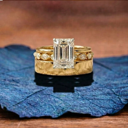 Emerald Cut Lab Grown Engagement Ring Set Radiant Bridal Set  Wedding Ring Set Anniversary Ring With Two Matching Band