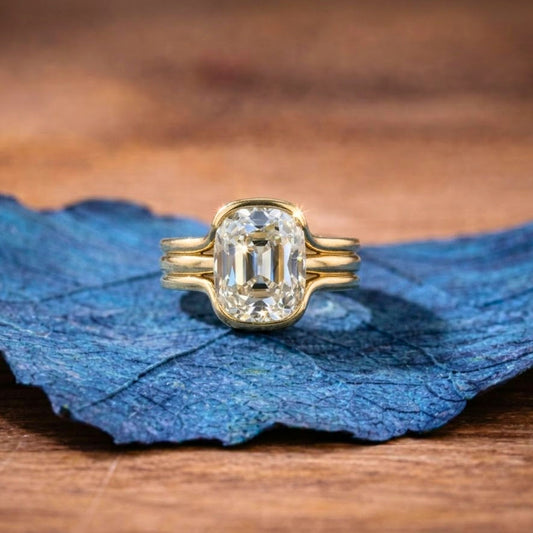 Half Bezel Set Old Mine Elongated Cushion Lab Grown Engagement Ring Antique  Gold Unique Wedding Anniversary Ring