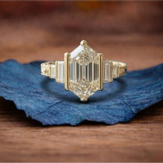Half Bezel Hexagon Lab Grown Vintage Engagement Ring Art deco Gold Wedding Nature Inspired Rings Anniversary Ring