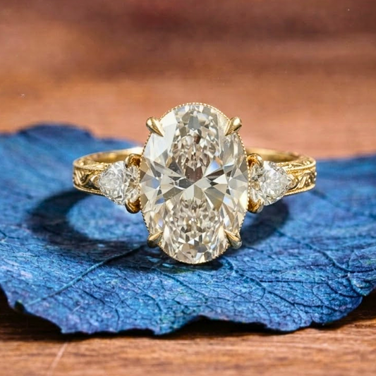 Vintage Three Stone Oval Lab Grown Engagement Ring Art Deco Gold Wedding Ring