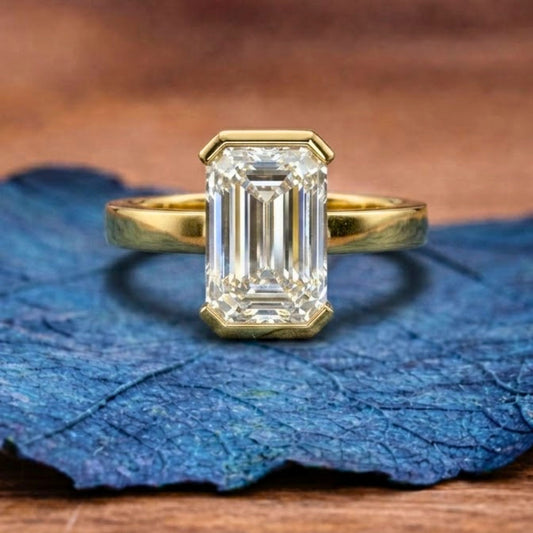 Half Bezel Set Emerald Cut Moissanite Engagement Rings Wedding Rings For Women Anniversary Ring Solitaire Promise Ring