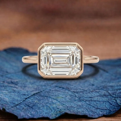 Bezel Set  Emerald Cut Lab Grown Engagement Rings Emerald East West Solitaire Ring  Wedding Ring Anniversary Ring For Her