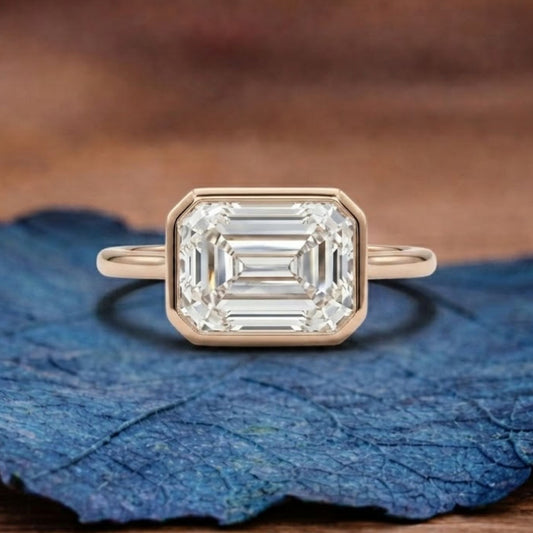 Bezel Set  Emerald Cut Moissanite Engagement Rings Emerald East West Solitaire Ring  Wedding Ring Anniversary Ring For Her