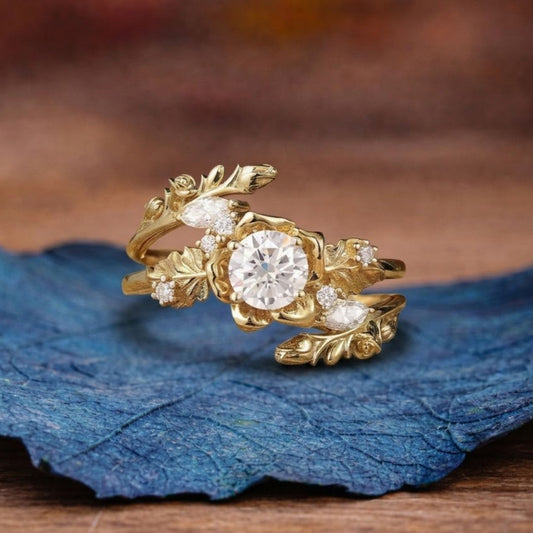 Nature Inspired Round Lab Grown Vintage Engagement Ring Set Art Deco Gold Bridal Wedding Ring Sets