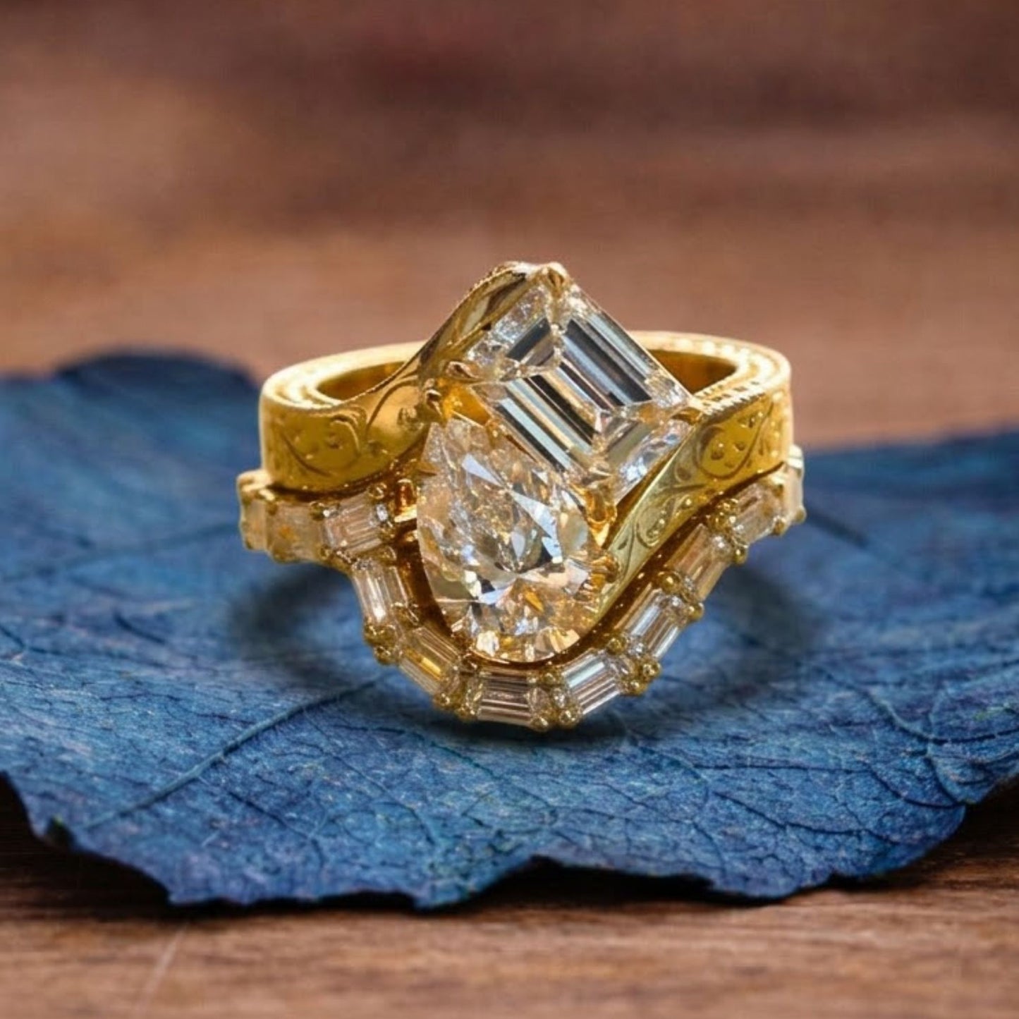4.00 tcw toi et moi pear and emerald moissanite engagement ring set art deco gold wedding ring set vintage bridal sets anniversary ring set